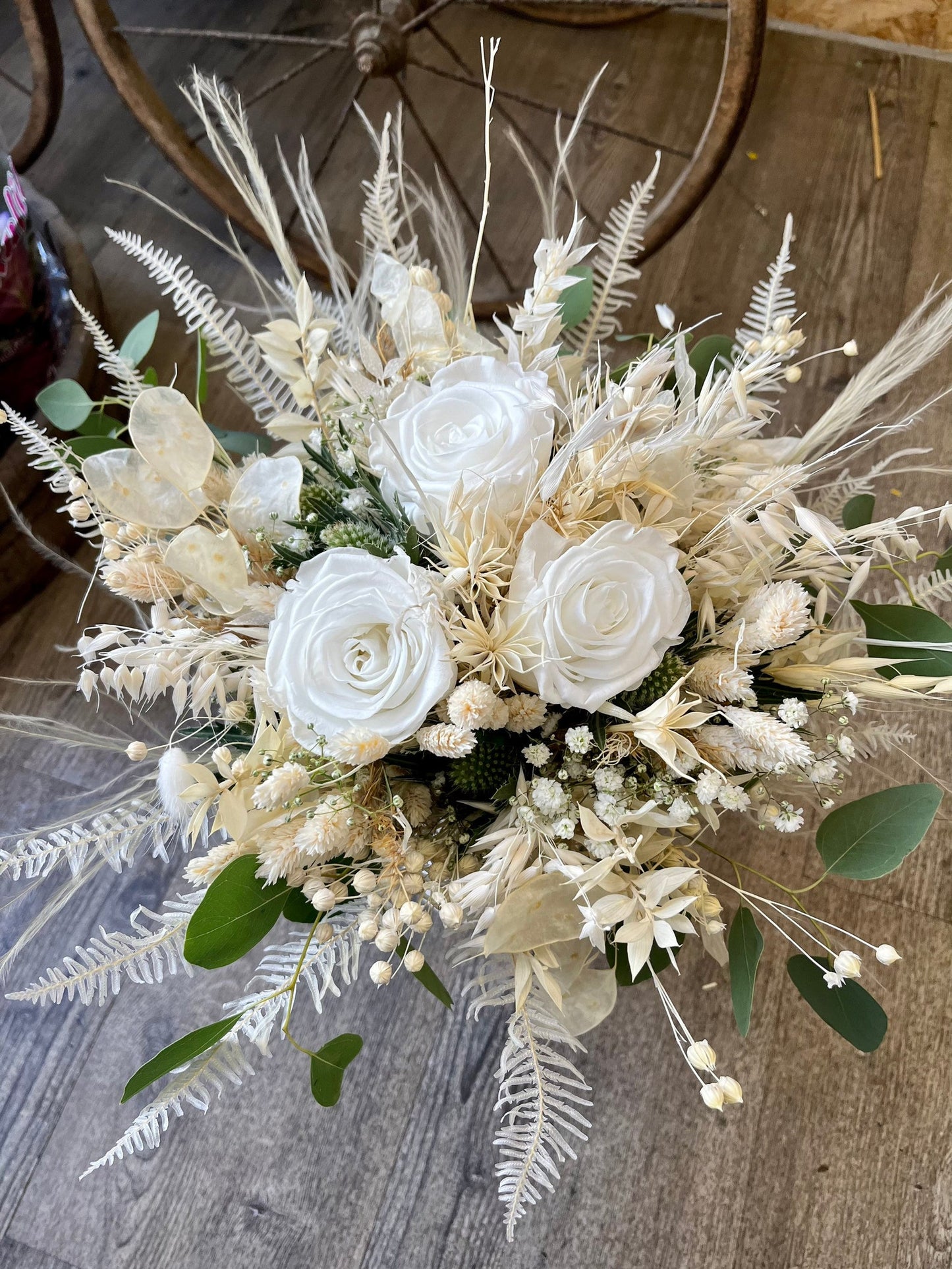 Ensemble bouquet de fleurs séchées / épingle pour hommes / couronne de cheveux / roses bouquet de mariée fleurs séchées mariage boho