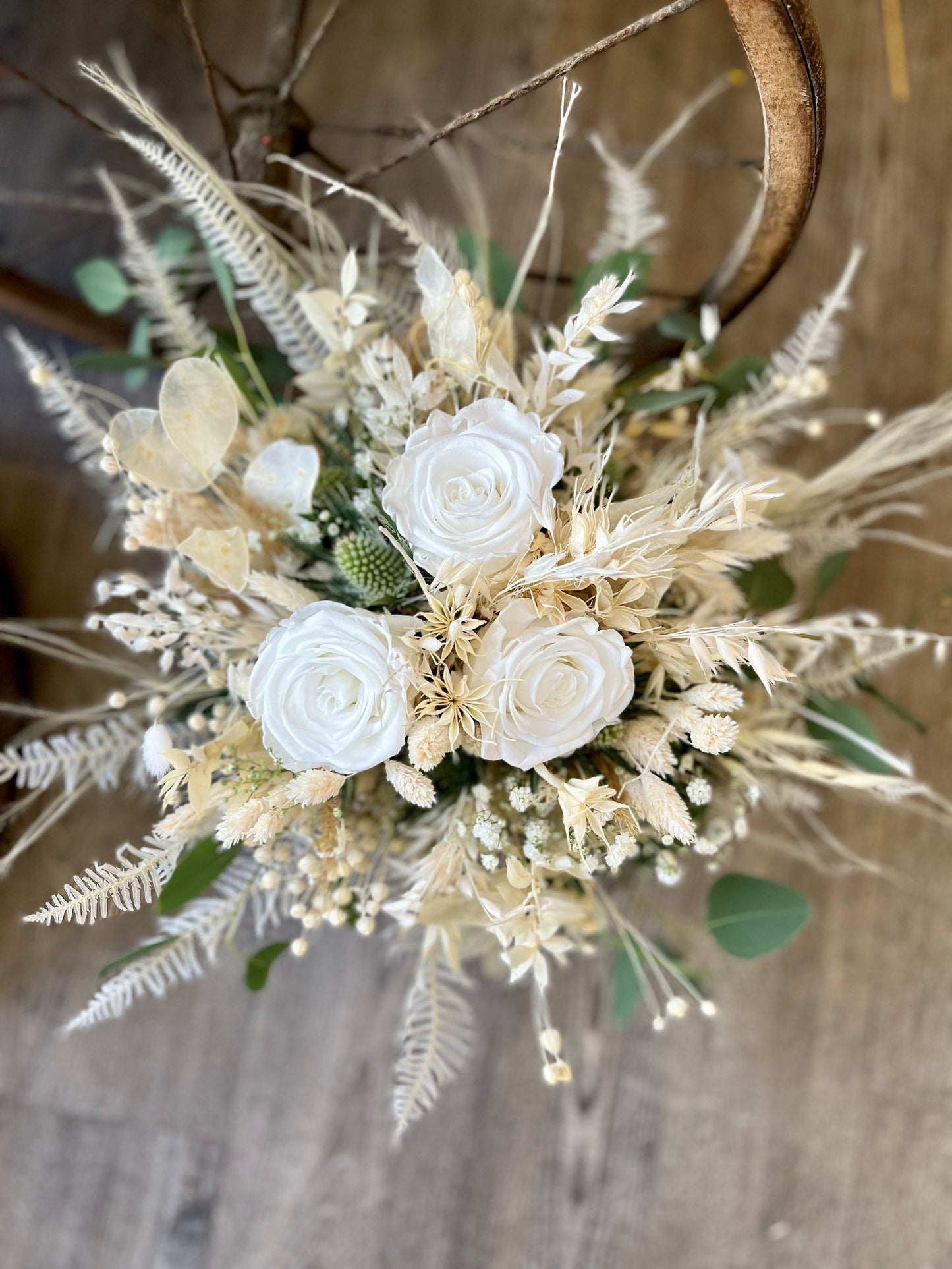 Ensemble bouquet de fleurs séchées / épingle pour hommes / couronne de cheveux / roses bouquet de mariée fleurs séchées mariage boho 