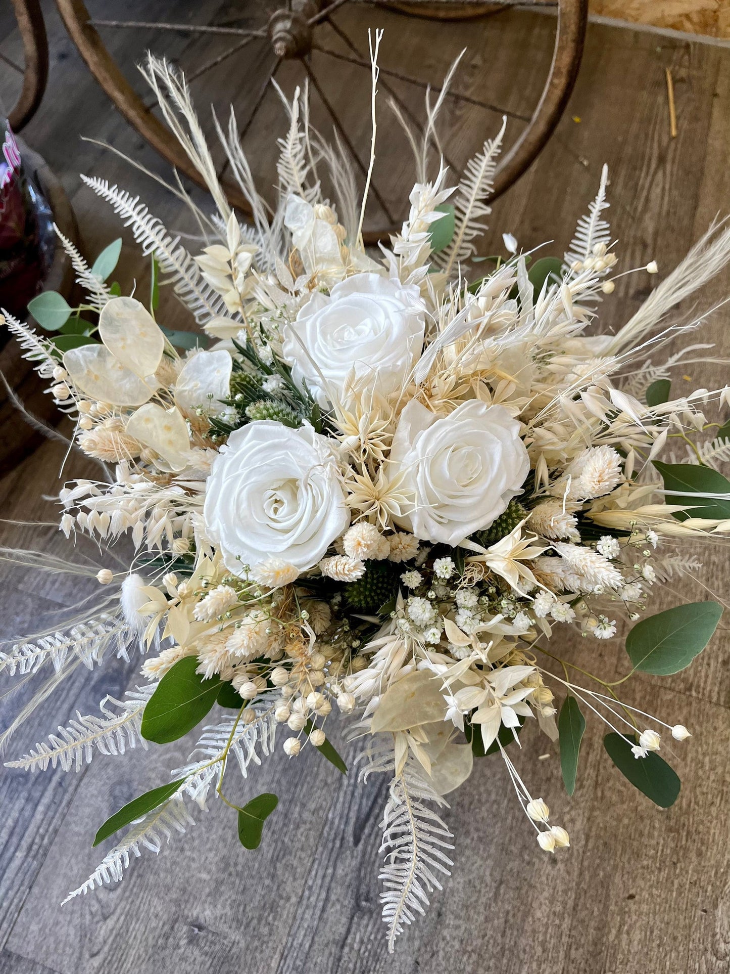 Ensemble bouquet de fleurs séchées / épingle pour hommes / couronne de cheveux / roses bouquet de mariée fleurs séchées mariage boho 