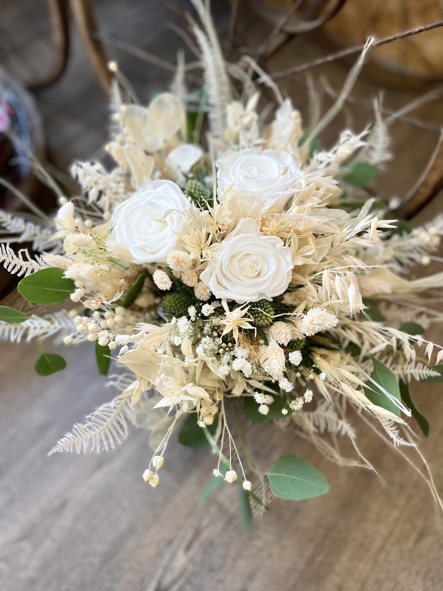 Ensemble bouquet de fleurs séchées / épingle pour hommes / couronne de cheveux / roses bouquet de mariée fleurs séchées mariage boho 