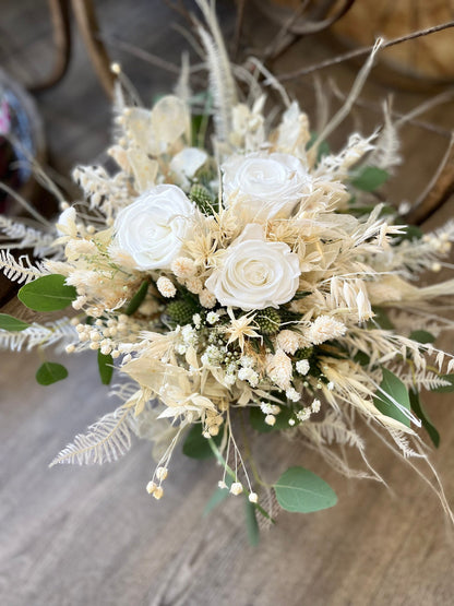 Ensemble bouquet de fleurs séchées / épingle pour hommes / couronne de cheveux / roses bouquet de mariée fleurs séchées mariage boho 